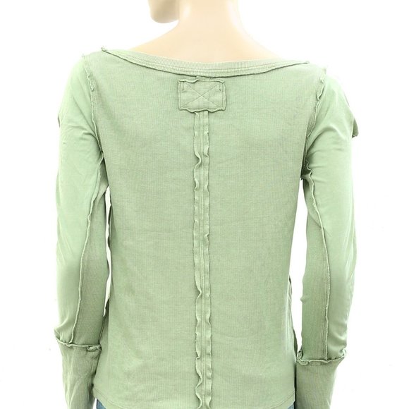 Free People We The Free Daisy Chain Cuff Blouse Top Ribbed Green S NWD - Picture 9 of 10